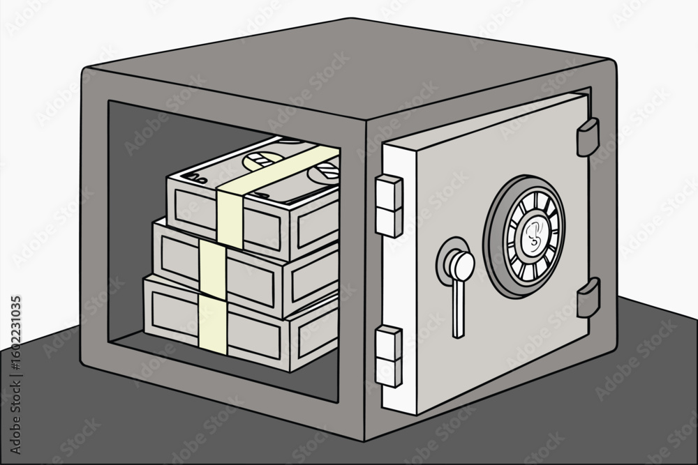 Poster safe containing stacks of currency bills secured inside a grey vault, showcasing a strongbox for fin