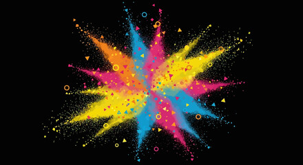 Abstract Vector Background of a Vibrant Color Powder Explosion with Geometric Particles
