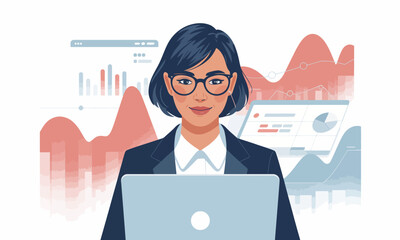 Modern Vector Illustration of a Businesswoman with Laptop Analyzing Data Charts