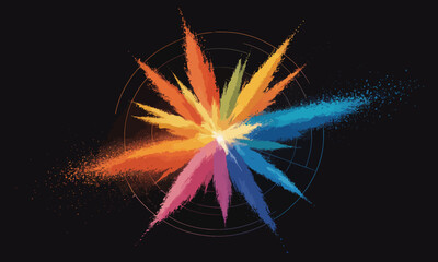 An abstract starburst of vibrant, multicolored powder exploding from the center on a black background.