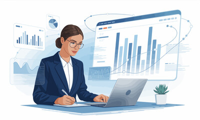 A professional businesswoman in a suit analyzes financial data charts on a laptop and writes notes at her desk.