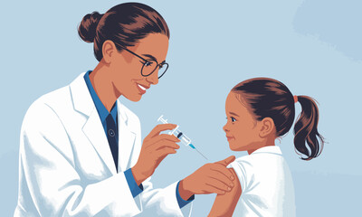 A smiling female doctor in a white lab coat administers a vaccine injection to a young girl's arm.