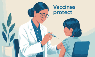 A female doctor administers a vaccine injection to a young girl's arm in a medical clinic.