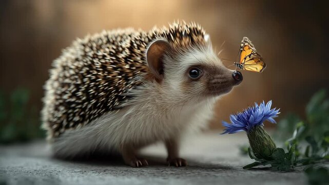 Hedgehog with spiky fur curiously interacting with a colorful butterfly near a vibrant blue flower, showcasing a moment of nature's beauty and the delicate balance of wildlife in a serene environment