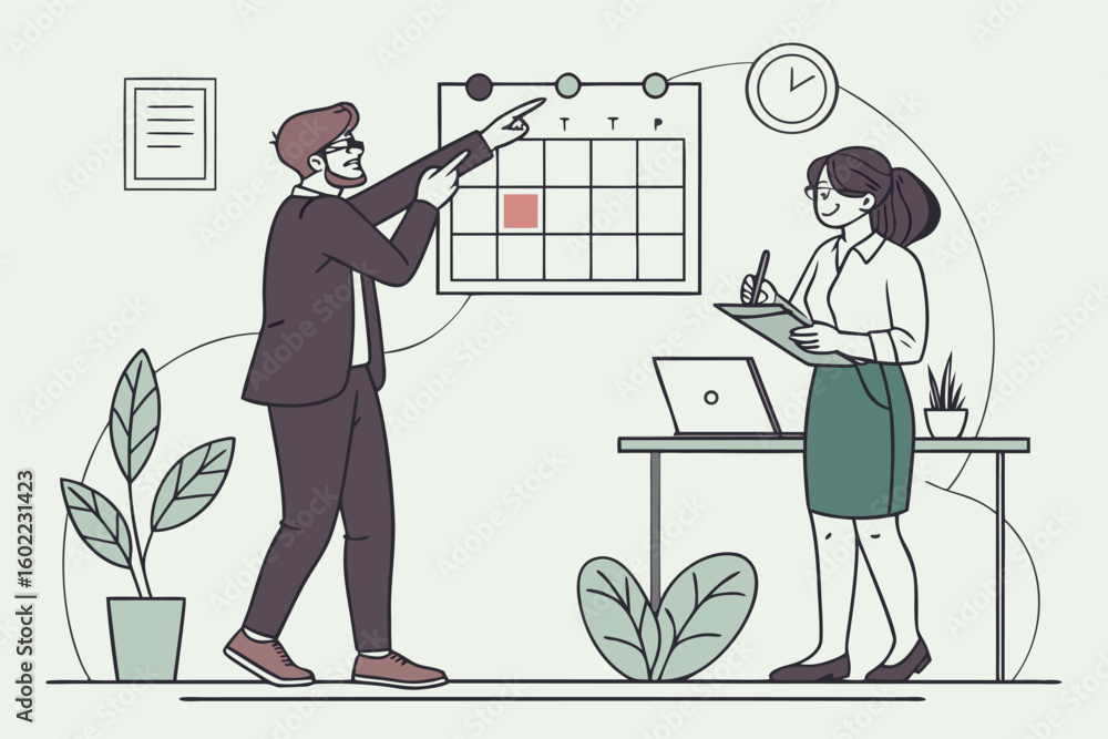 Poster business professionals discuss important dates while planning tasks in a modern office setting with 