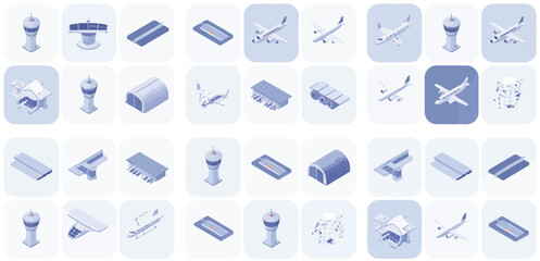 Modern Isometric Airport Vector Icon Set with Blue Aviation and Transportation Graphics