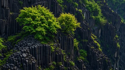 Photo of lush green trees growing on a dramatic cliff face of basalt rock columns