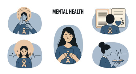 Mental Health Vector Illustration Set with People and Self Care Icons in a Modern Hand Drawn Style