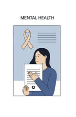 Mental Health Awareness Vector Illustration with Woman and Support Ribbon