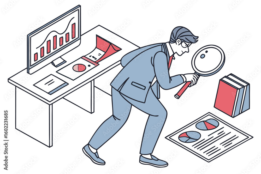 Poster businessman analyzing data and reviewing reports with a magnifying glass in a modern office setting 