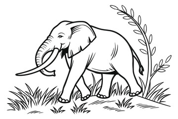 Drawing of an elephant walking through grass with foliage in a natural setting, perfect for coloring and artistic expression