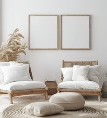 Two white chairs with pillows. a wicker basket. a jute rug and two empty frames on a white wall