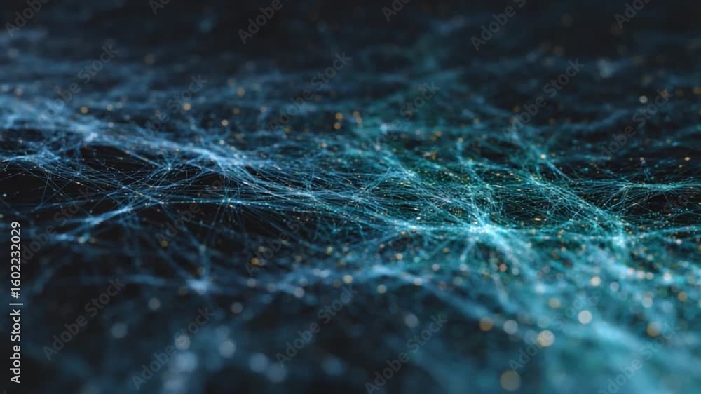 Poster abstract data stream: an intricate digital web of interconnected data streams, rendered with glowing