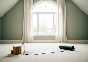 A Mat, Blocks, and Water Bottle in a Light-Filled Attic Studio with a Large Arched Window and Soft Curtains.