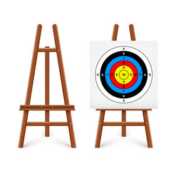 Shooting range target on a wooden easel stand. Paper target with divisions, marks and numbers. Archery, gun shooting and training, sport competition, hunting. Bullseye and aim. Vector illustration