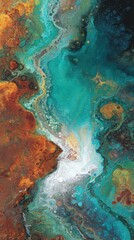 Abstract fluid art with swirling teal, rust, and white pigments creating a dynamic, almost geological landscape.  The colors blend and contrast, forming organic shapes and textures