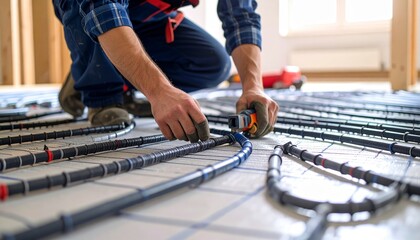 Professional plumber installing modern underfloor heating system. Close-up of hands adjusting pipes on a heated floor construction.. Generated image