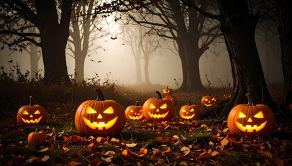 Halloween pumpkins in a foggy forest