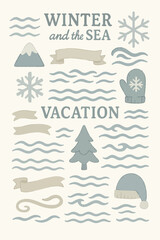 Fototapeta premium Textured illustrations and frames set for winter and the sea Decorations, ornaments, ribbons, winter vacation, watercolor style, waves