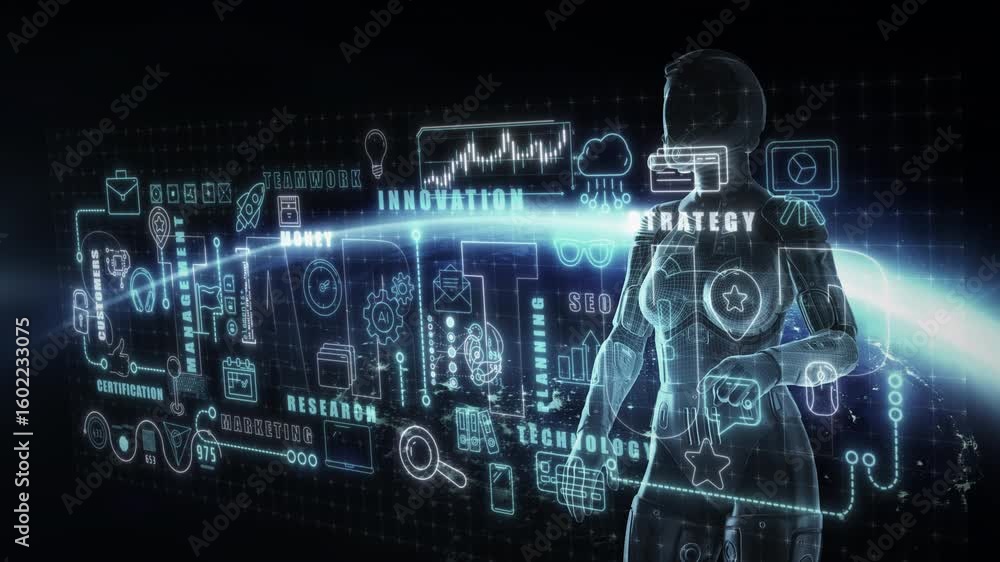 Poster futuristic scene of an android interacting with a virtual panel