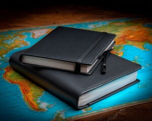 Travel planning essentials global map background journal and notebook desk setup creative workspace adventure inspiration