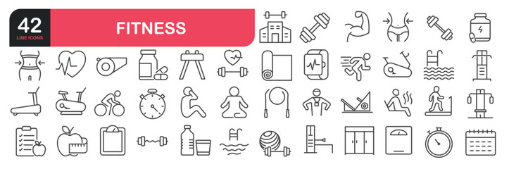 Set of line icons related to fitness, exercise, gym. Outline icons collection. Editable stroke. Vector illustration