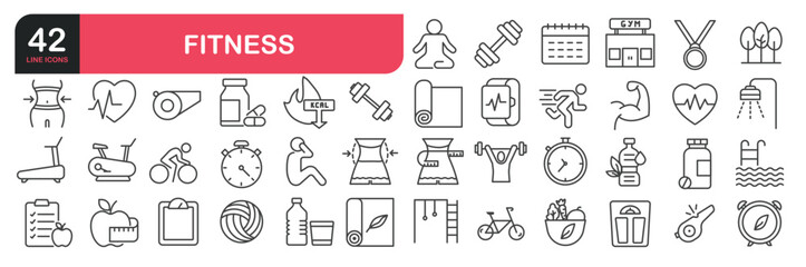 Set of line icons related to fitness, exercise, gym. Outline icons collection. Editable stroke. Vector illustration