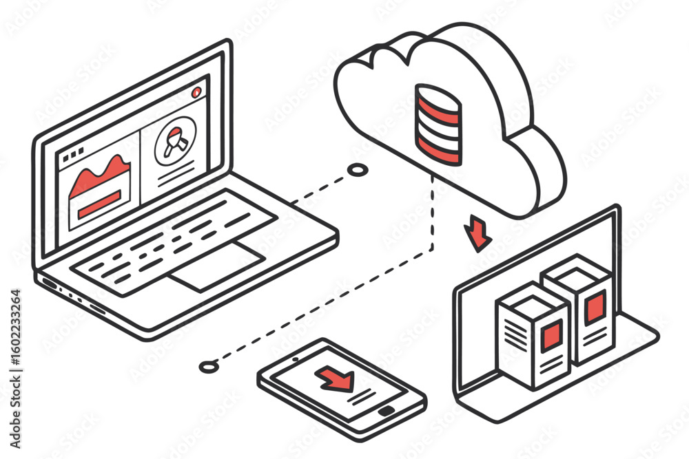 Poster data transfer processes between a laptop, cloud storage, and a mobile device, illustrating digital c