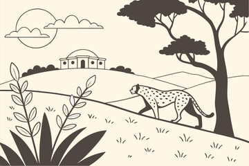 Fototapeta premium Cheetah walking through a serene landscape with hills, a distant building, and a bright sun shining in a natural scene