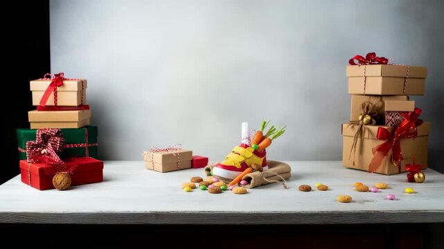 Childrens shoe and pepernoten for Sinterklaas and carrot for horse treat stands in front of hot fireplace. Celebration concept for children party in Saint Nicolas day five december. 