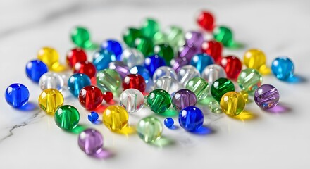 Multicolored plastic beads on marble surface
