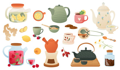 Cozy autumn tea time accessories Teapots, cups, herbal drinks, infusers, spices and berries with textured details. Hygge mood for seasonal card, banner, poster, print or warm decor project. Vector set