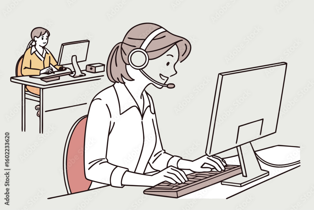 Poster office workers engaged in customer support activities during the day with computer screens and heads