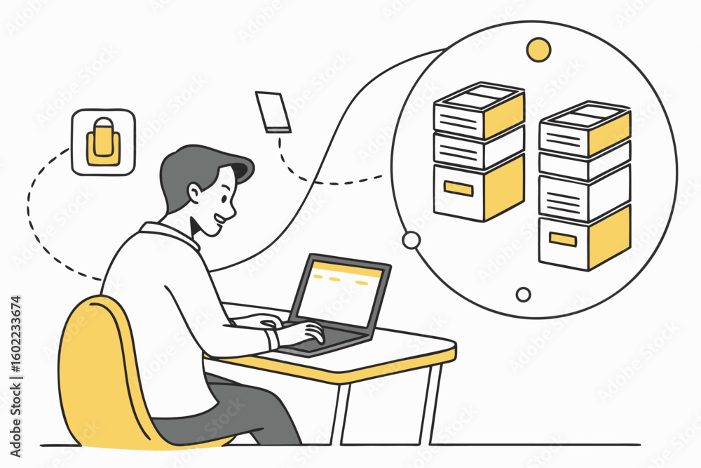 Poster professional working on laptop organizing digital files with security elements visible in a modern o