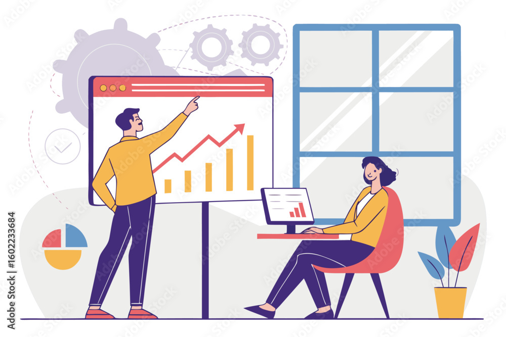 Poster business meeting discusses growth strategy with graphs and digital tools in modern office setting