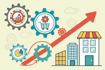 Business growth and analysis represented through gears, charts, and buildings in a modern design with a focus on e-commerce trends and performance metrics