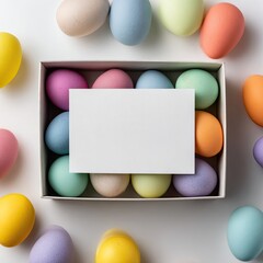 Pastel colored eggs in a box with a blank card