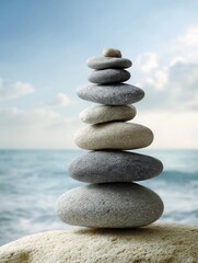 A carefully balanced stack of smooth, grey and beige stones rests on a larger rock, with a tranquil ocean and sky as a backdrop