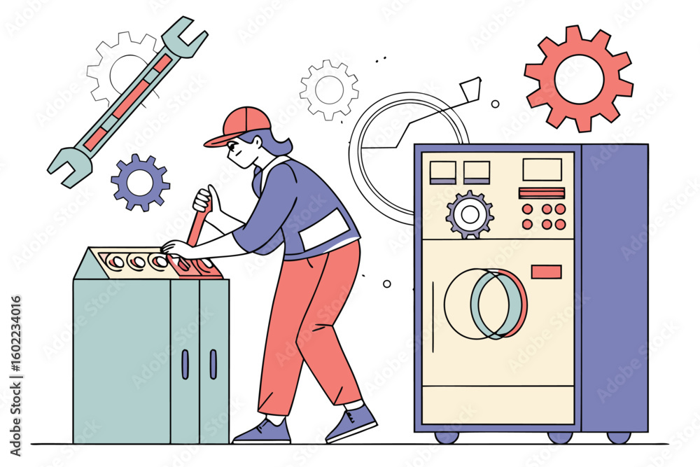 Poster technician working on machinery with tools in a workshop setting, demonstrating hands-on skills and 
