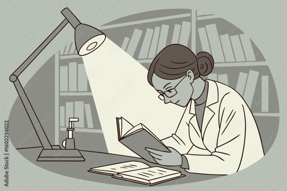 Poster scientist in a lab coat reading a book under a desk lamp in a library