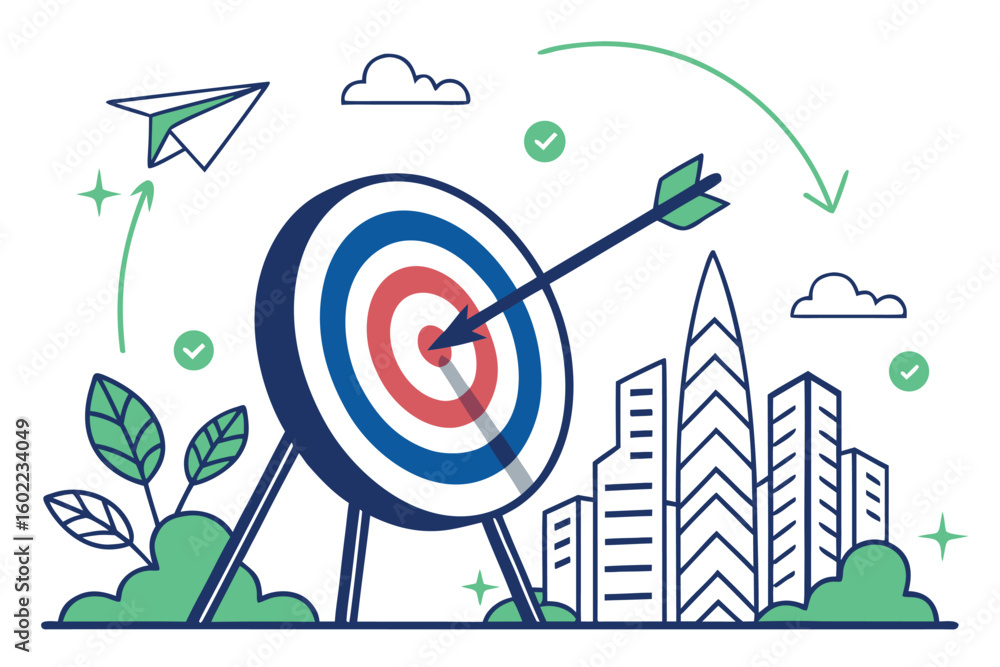 Poster target success with precision and focus in a modern urban setting showcasing a bullseye and an arrow