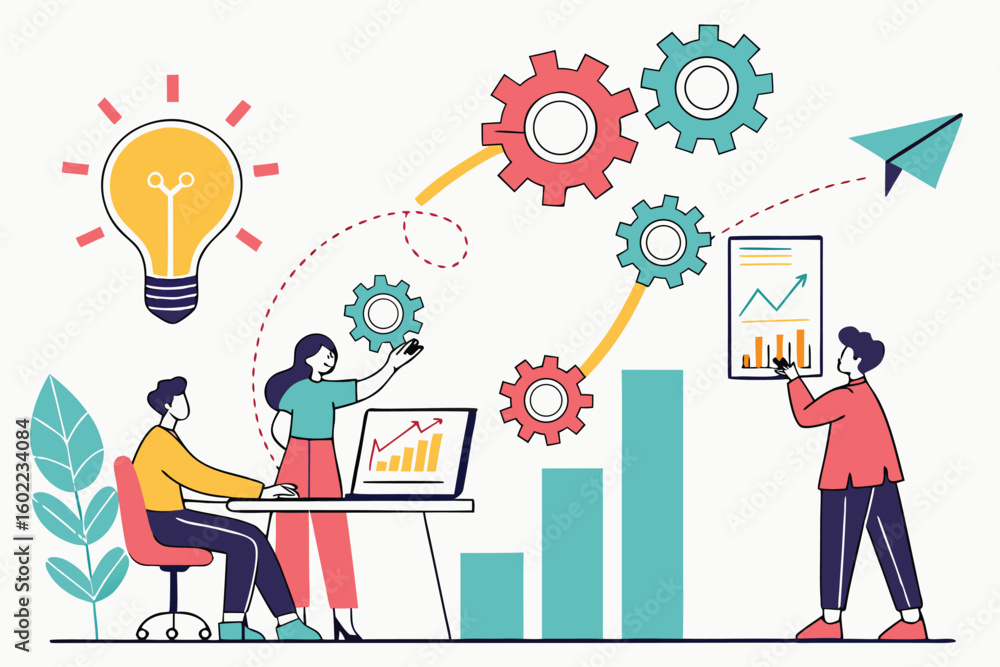Poster collaborative business brainstorming session with visual data representation and innovative strategi