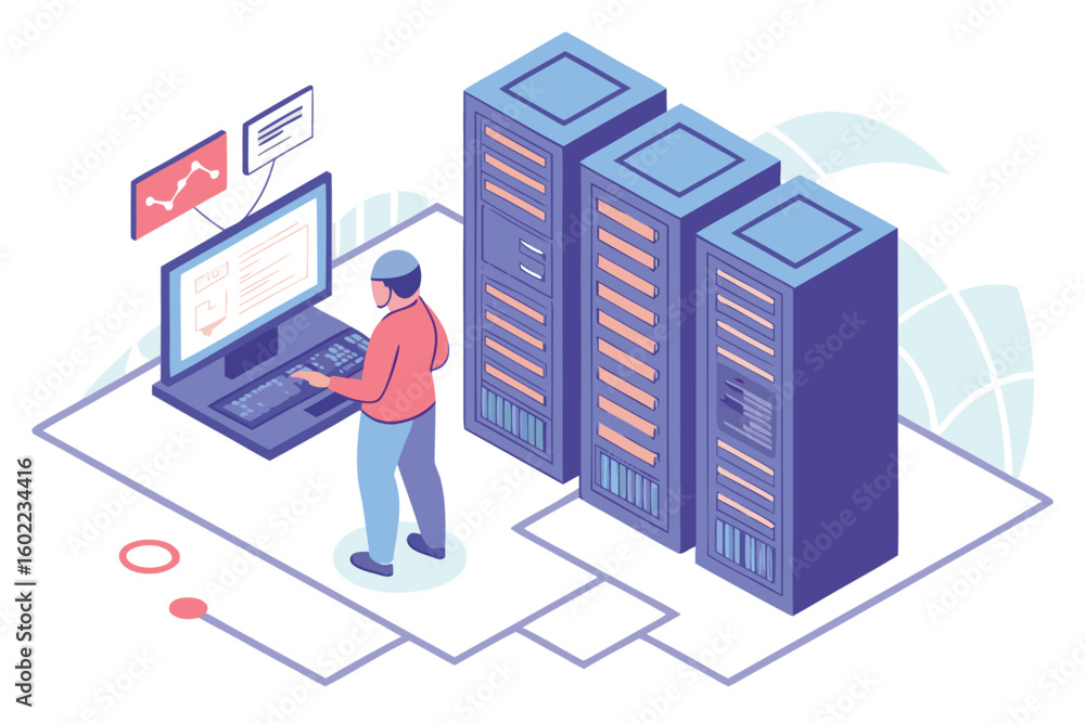 Aufkleber person working at a computer with server racks in a data center during the day, analyzing data and m