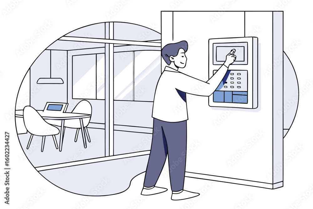 Poster person interacting with a digital keypad in a modern office setting during day time