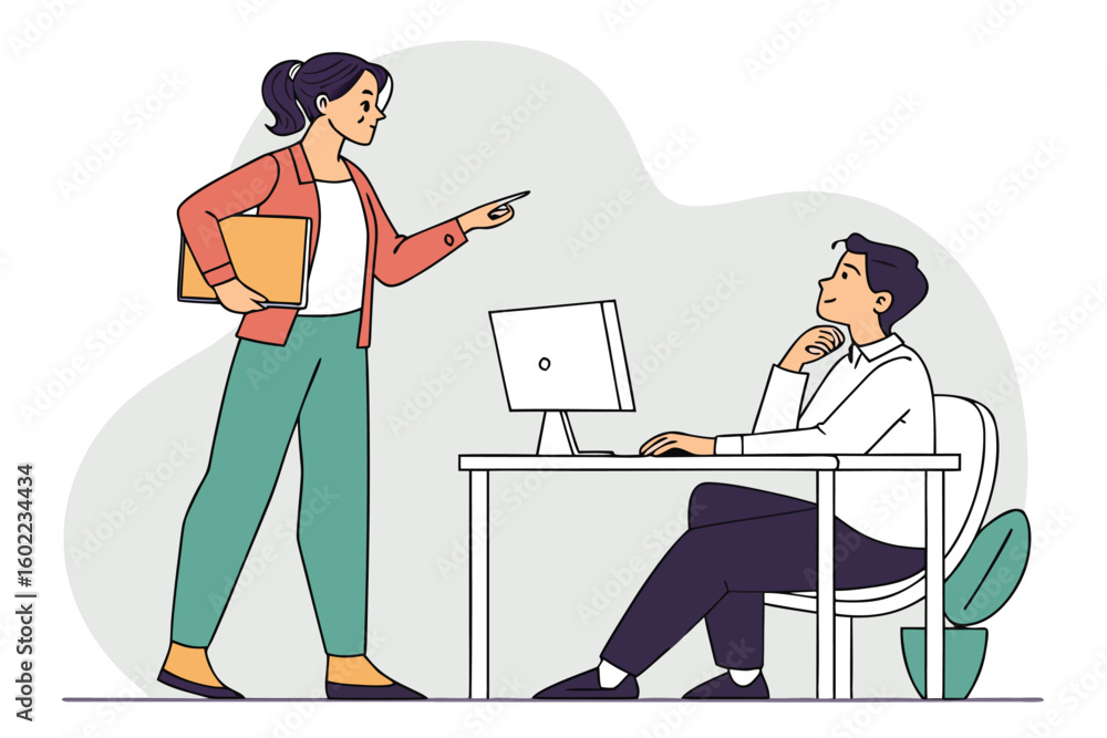 Aufkleber discussion between a woman holding a file and a man at a desk with a computer in a modern office env