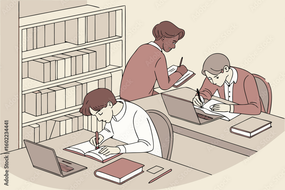 Poster study session in a library with students focused on their work and utilizing various resources for l