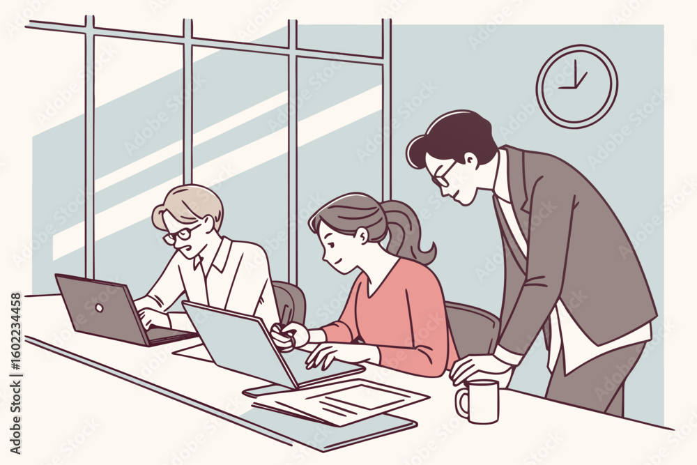 Poster team members collaborating on a project at a bright, modern office space during the afternoon while 