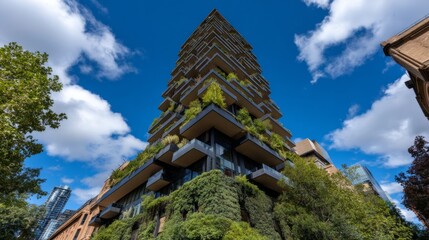 Urban green architecture towering over city landscape melbourne building photography sunny weather low angle eco-friendly design