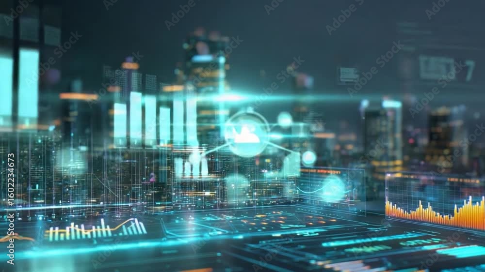 Aufkleber digital metropolis: the image depicts a dynamic, futuristic cityscape overlaid with intricate data v