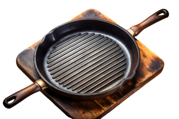 Old cast iron griddle isolated on transparent background